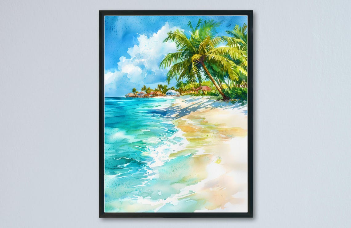Sunny Tropical Beach With Palms and Thatched Huts Scene Poster