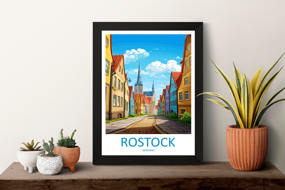 Rostock Germany Colorful Old Town Street Church Tower Poster - Image 3