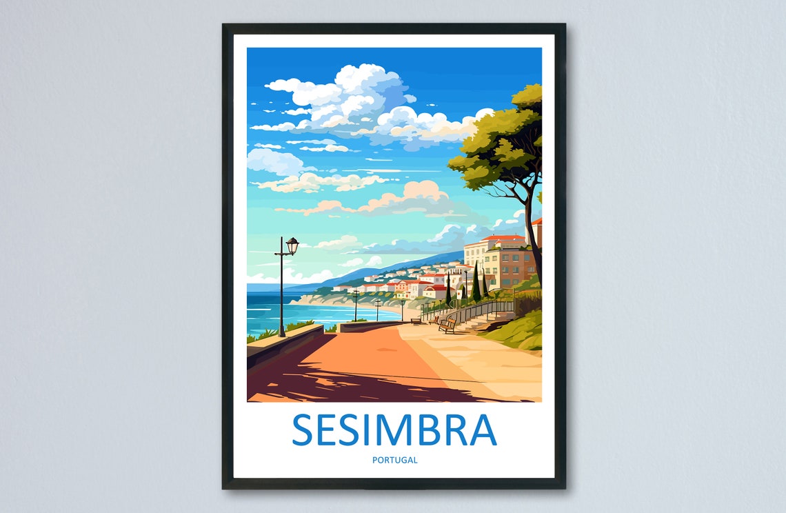 Sesimbra Portugal Waterfront Promenade Seaside Bay View Poster