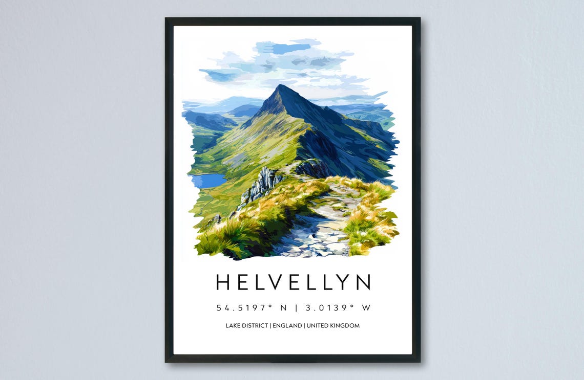 Helvellyn Cumbrian Fell Summit Ridge Trail Watercolor Poster