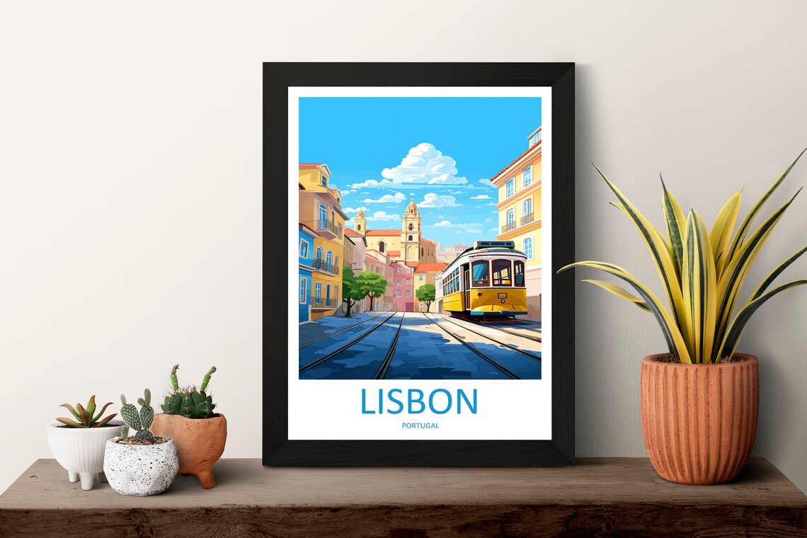 Lisbon Portugal Yellow Tram in Historic Old Town Street Poster - Image 3