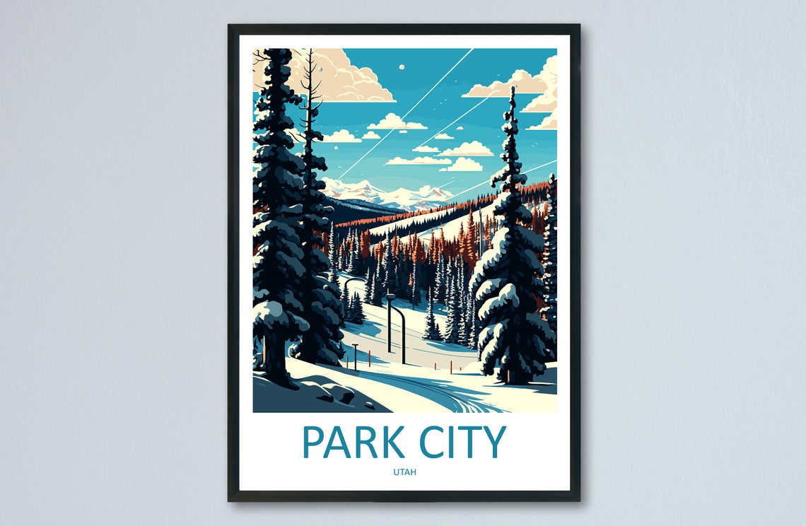 Park City Utah Snowy Ski Resort Winter Pines Scenic Travel Poster