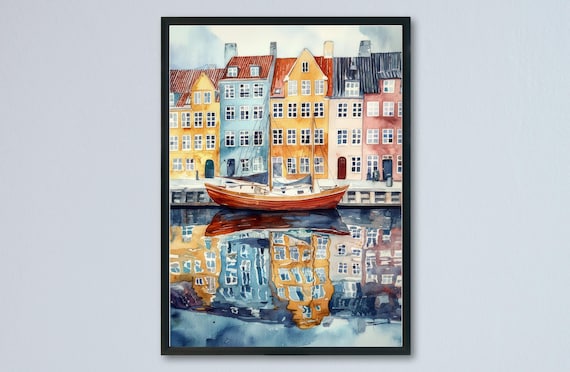 Copenhagen Nyhavn Harbor Watercolor Colorful Denmark Travel Poster