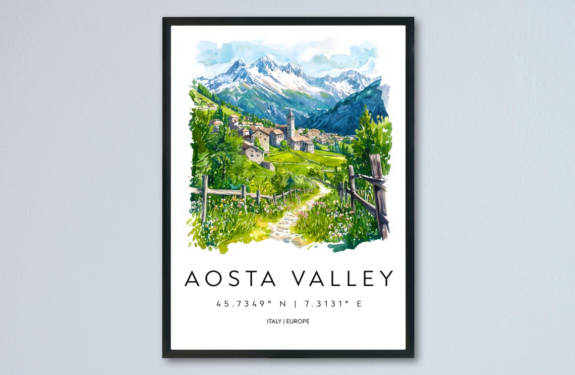 Aosta Valley Italy Alpine Village Watercolor Travel Coordinates Poster