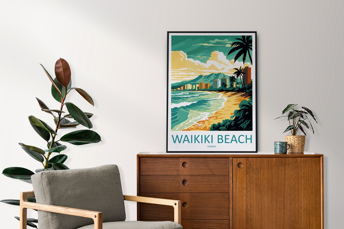 Waikiki Beach Hawaii Skyline Surf Palms Golden Hour Travel Poster - Image 2