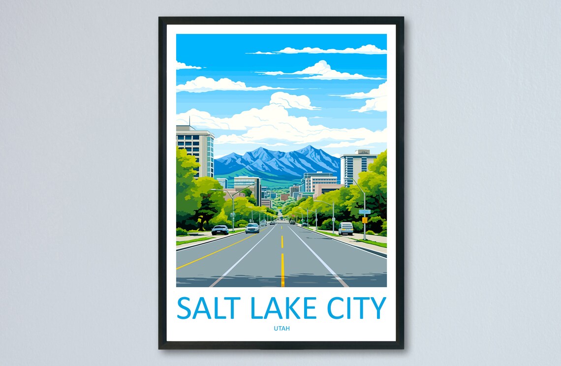 Salt Lake City Utah Street View Wasatch Mountains Travel Poster