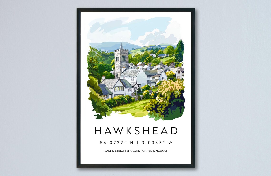 Hawkshead Lake District Village Church Tower Watercolor Poster