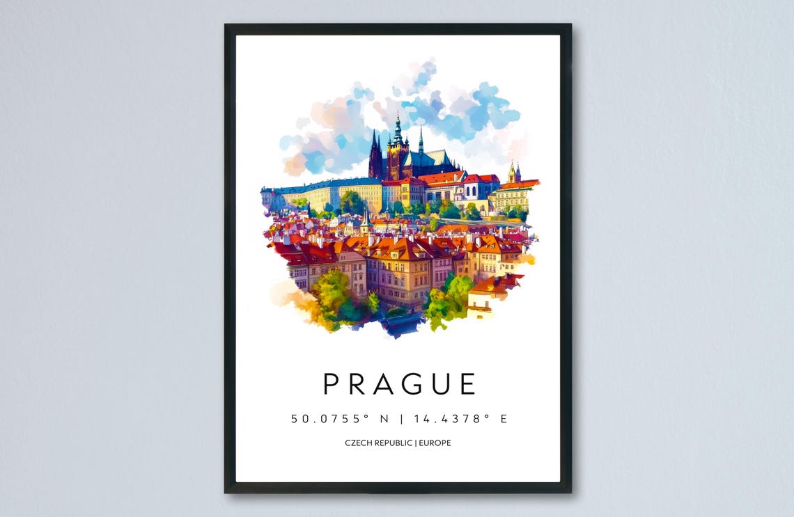 Prague Castle Red Rooftops Czech Republic Watercolor Travel Poster