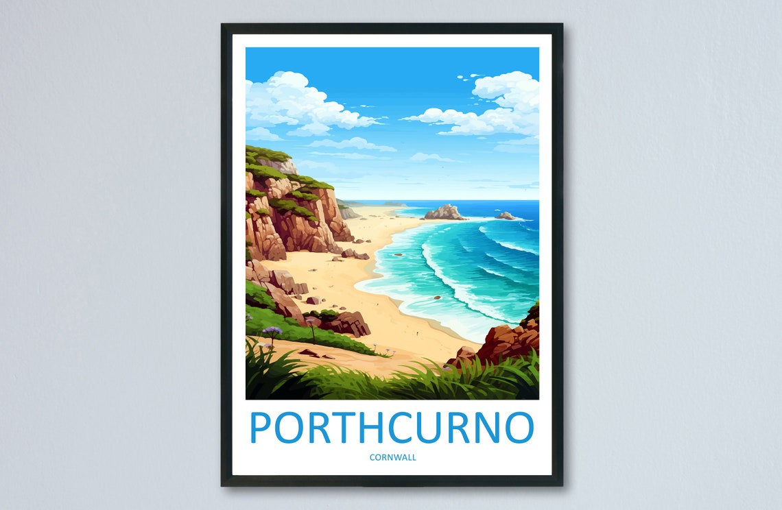 Porthcurno Beach Cornwall Golden Sands Cliffs Coastal Travel Poster