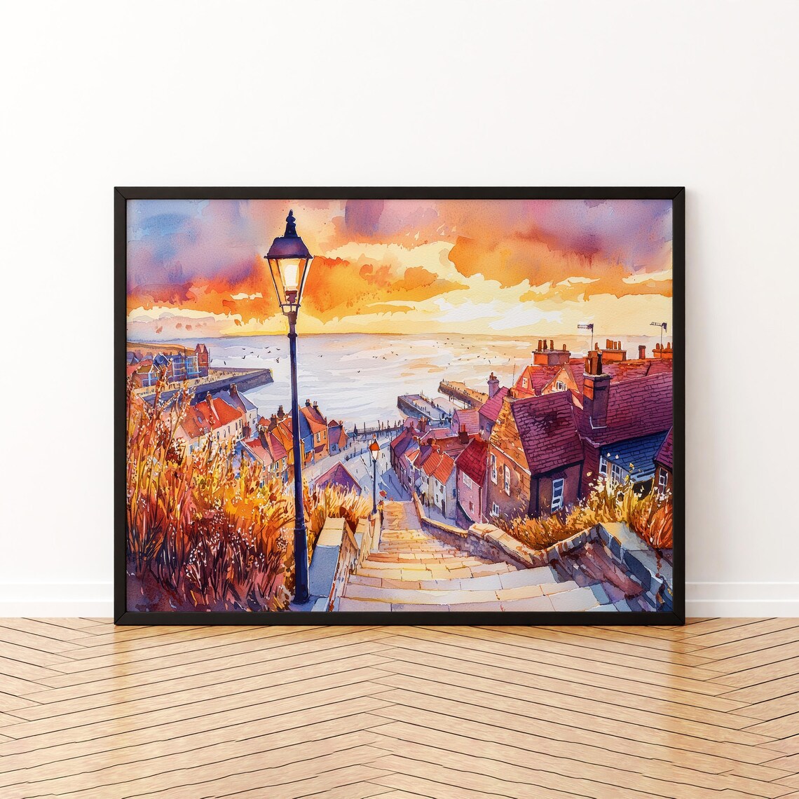 Whitby England Watercolor Travel Poster, Seaside Town