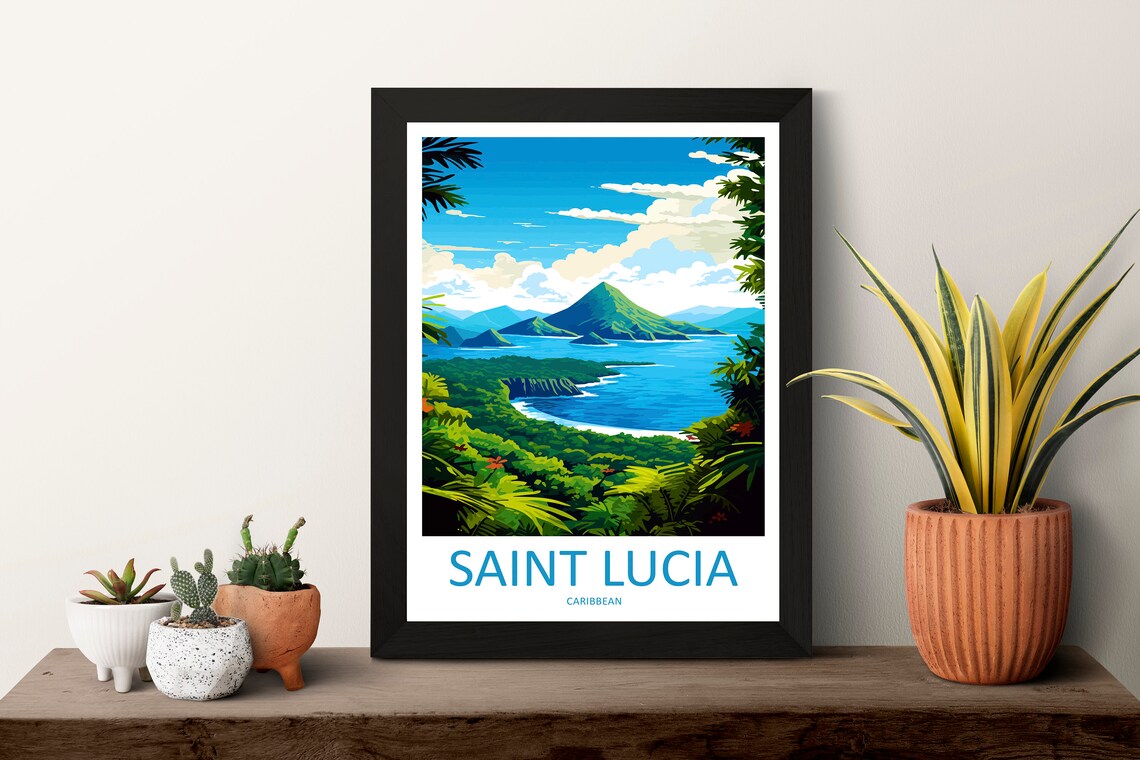 Saint Lucia Pitons Tropical Coastline Caribbean Travel Poster - Image 3