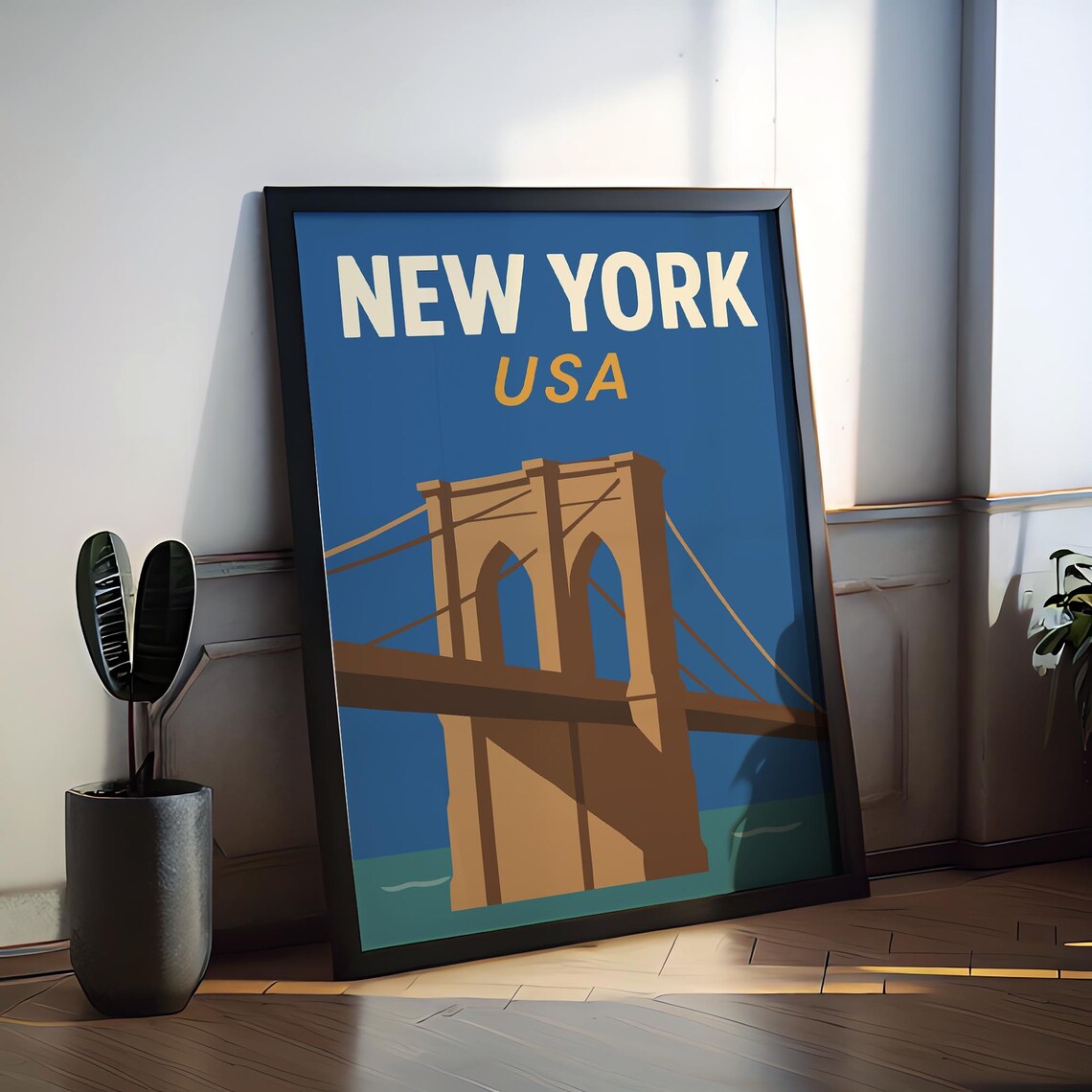 New York USA Brooklyn Bridge City Skyline Retro Travel Poster