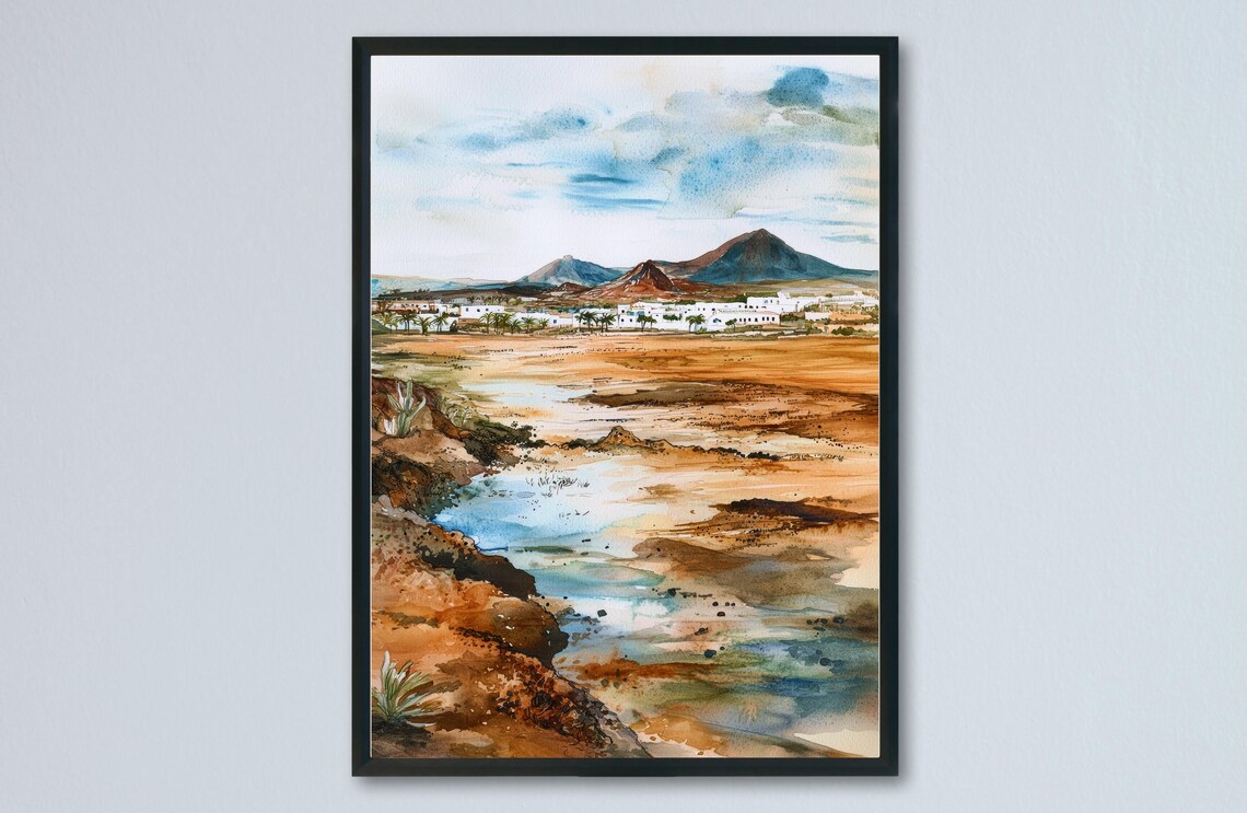 Volcanic Desert Plain White Village Mountains Watercolor Scene Poster