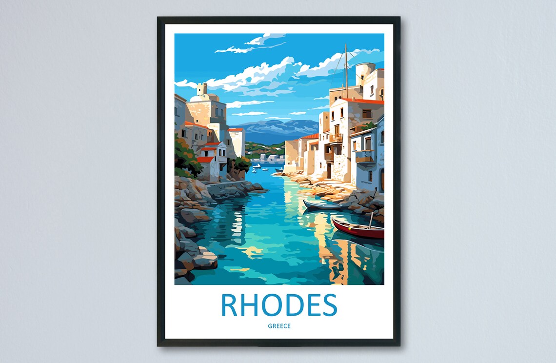 Rhodes Greece Old Harbor Town Stone Village Scenic Travel Poster