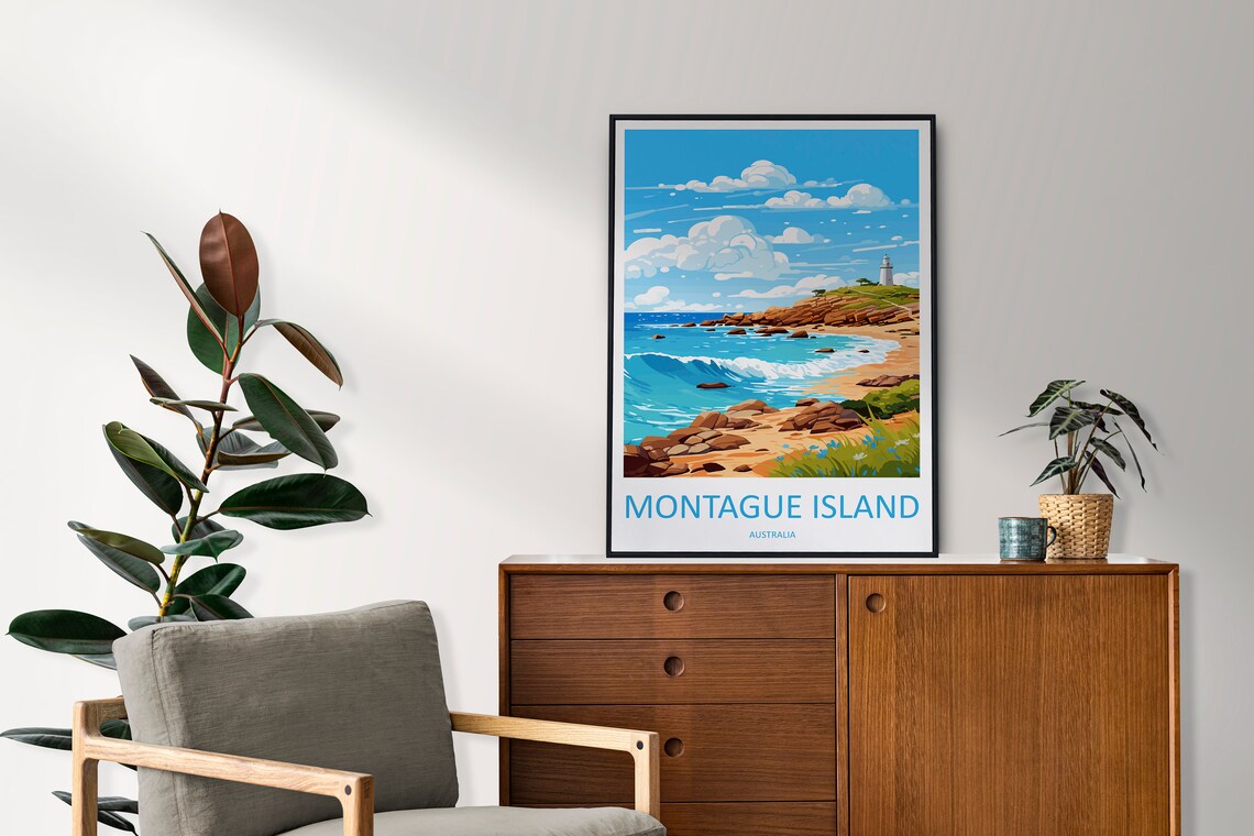 Montague Island Australia Lighthouse Rocky Coast Day Travel Poster - Image 2