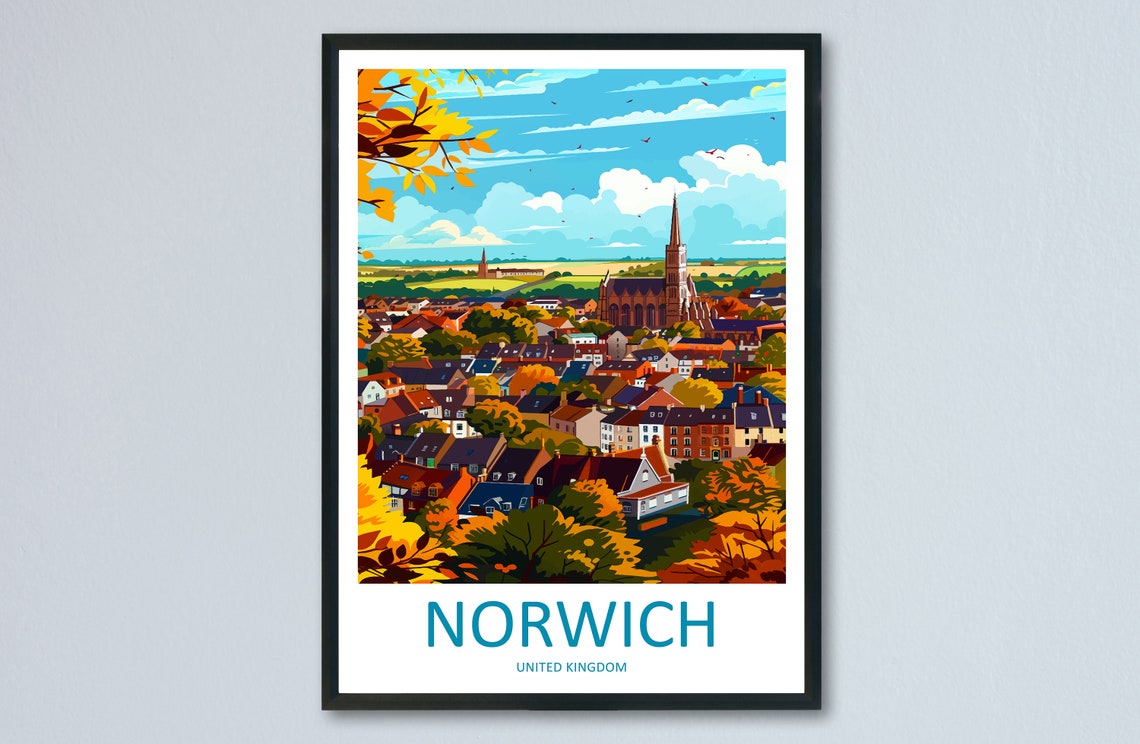 Norwich England Cathedral City Autumn Panorama View Travel Poster