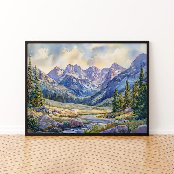 Rocky Mountain National Park Watercolor Mountain Stream Scenic View Poster