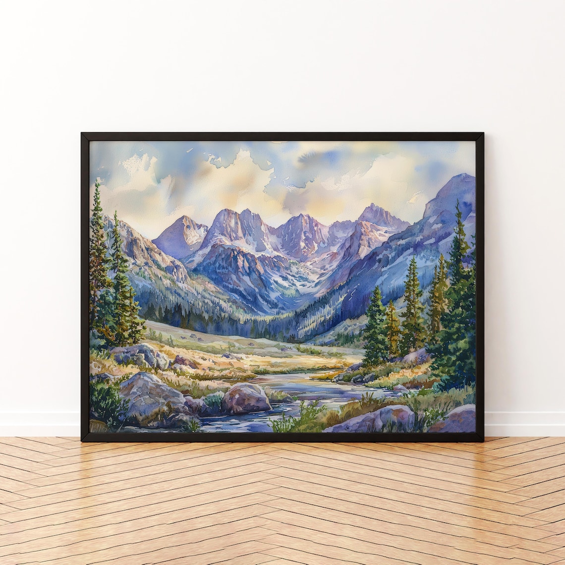 Rocky Mountain National Park Watercolor Mountain Stream Scenic View Poster