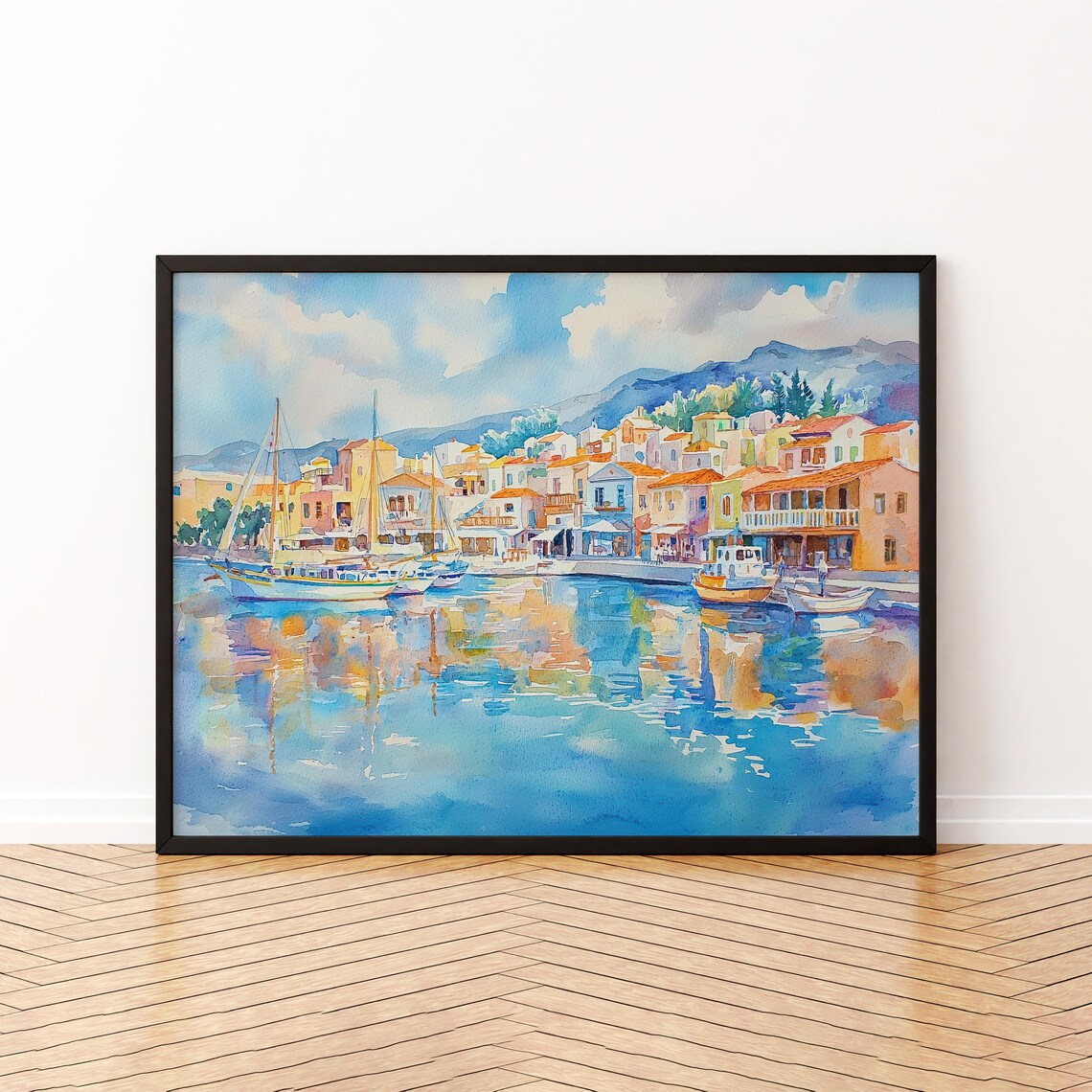 Agios Nikolaos Greece Watercolor Poster Harbor Boats Seaside Town Art