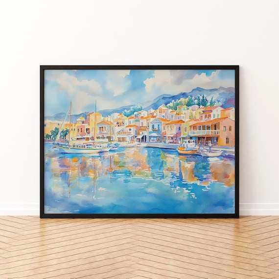 Agios Nikolaos Greece Watercolor Poster Harbor Boats Seaside Town Art