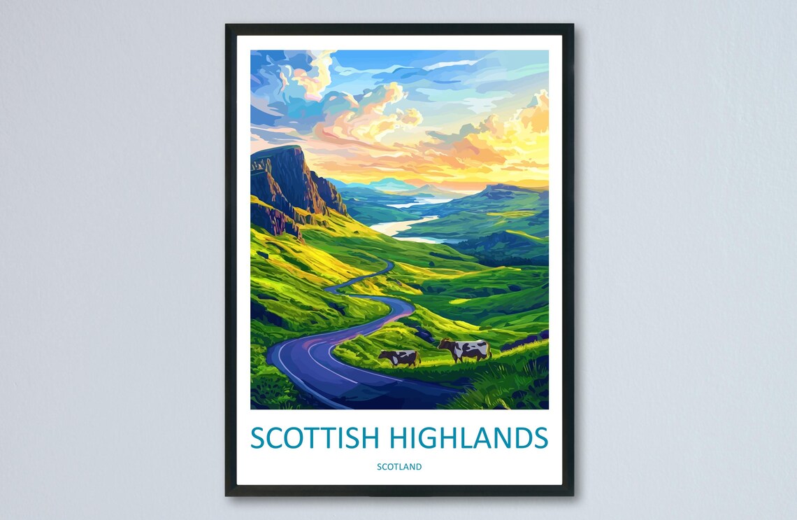 Scottish Highlands Winding Road Cows Green Hills Sunset Travel Poster