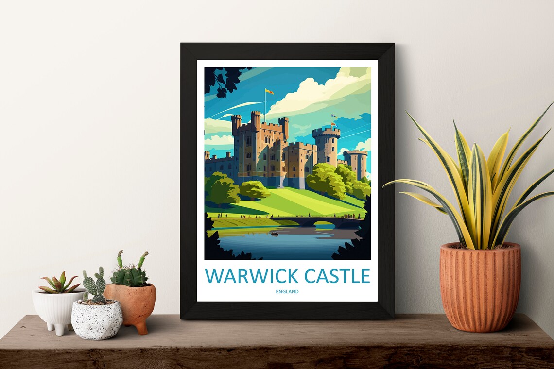 Warwick Castle England Medieval Towers Over River Meadow Travel Poster - Image 3