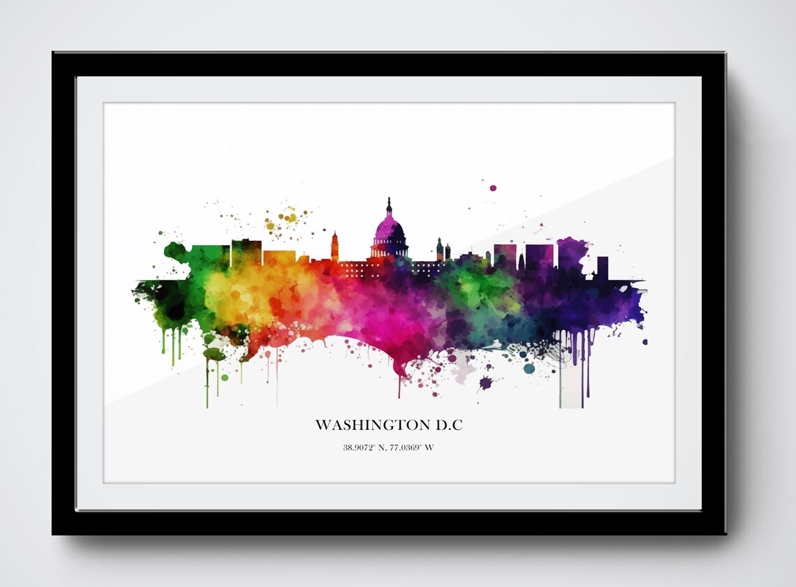Washington DC Watercolor Skyline Rainbow Modern City Art Poster - Image 3