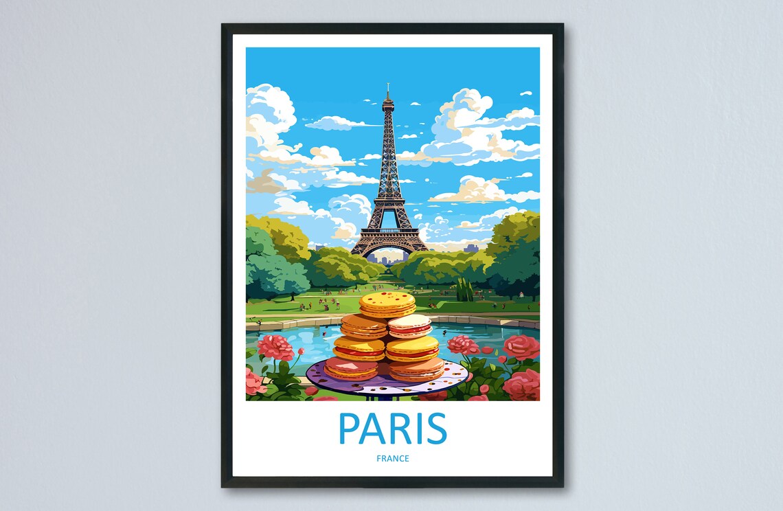 Paris France Eiffel Tower Macarons Illustration Vintage Travel Poster