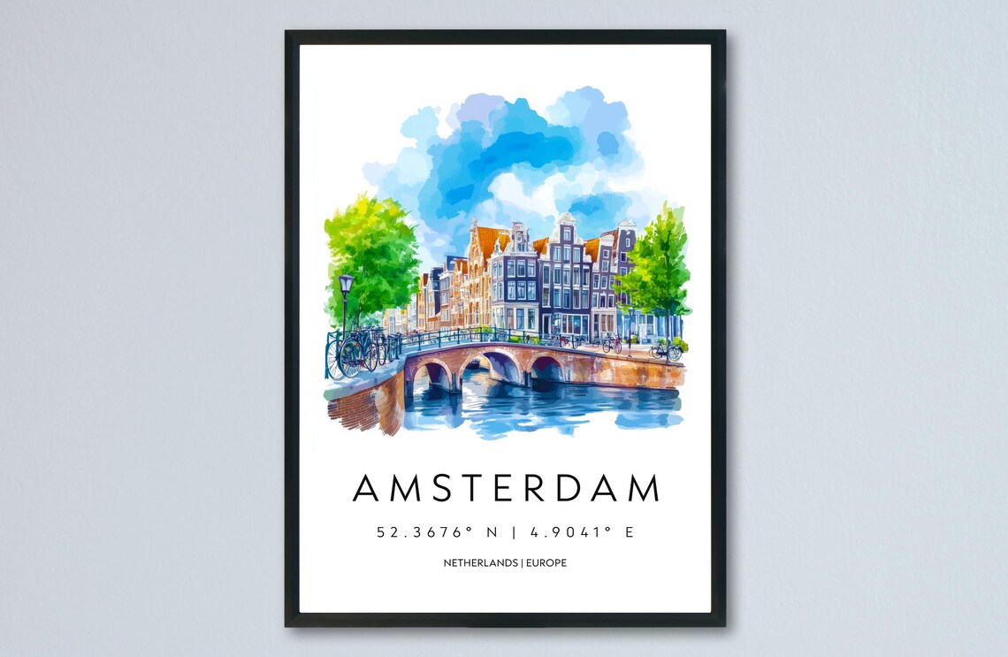 Amsterdam Canal Bridge Watercolor Netherlands Gabled Houses Poster