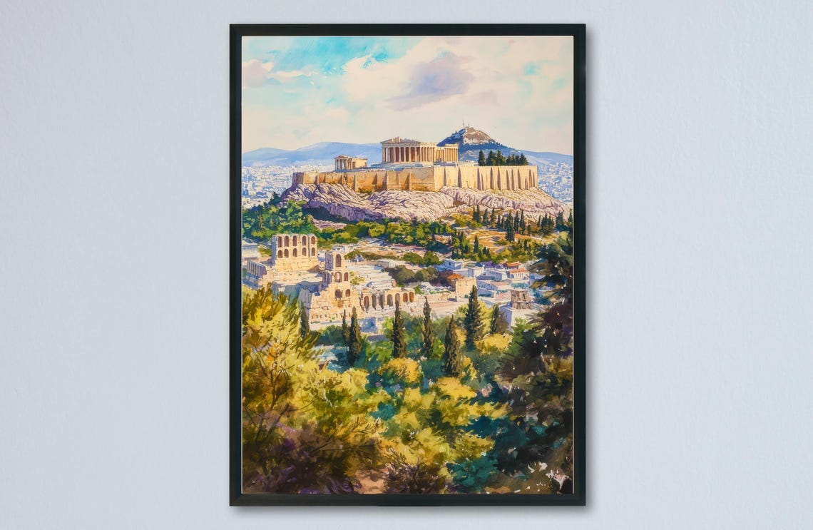Athens Watercolor Travel Poster, Greece Cityscape