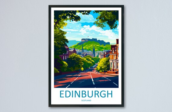 Edinburgh Daytime Castle View Down A Leafy Street Travel Poster