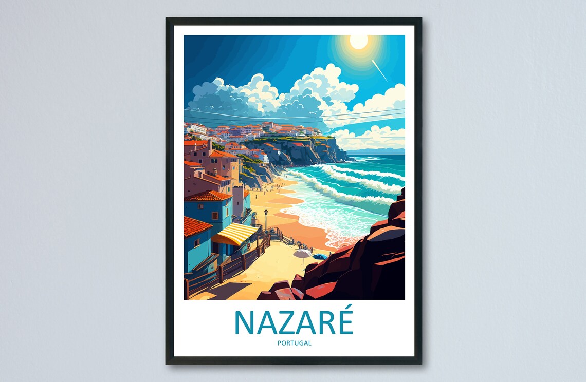 Nazare Portugal Travel Poster Beach Cliffs Coastal Town Sunshine View