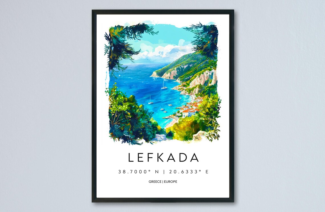 Lefkada Greece Ionian Coast Sailboats Watercolor Europe Travel Poster