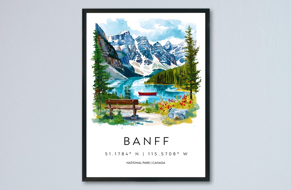 Banff Canada Mountain Lake Canoe Watercolor National Park Poster