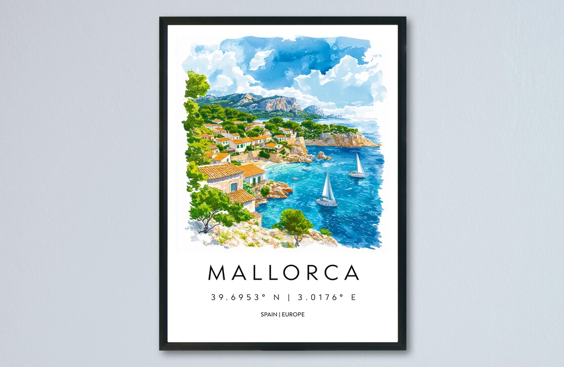 Mallorca Coastal Village With Sailboats Watercolor Travel Art Poster