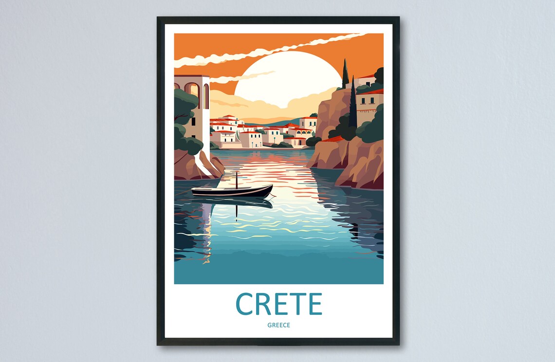 Crete Greece Sunset Harbor Fishing Boat Seaside Village Travel Poster