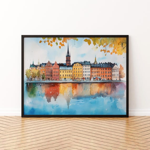 Stockholm Watercolor Poster Landscape Wall Art Hanging Home Dcor Gift Lovers Sweden