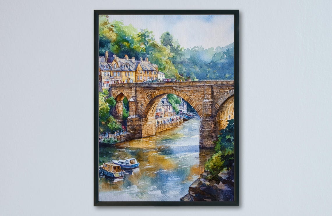 Knaresborough Viaduct Stone Arches River Nidd Town Watercolor Poster