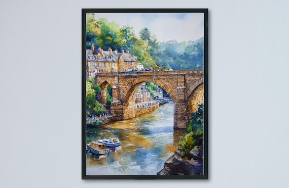 Knaresborough Viaduct Stone Arches River Nidd Town Watercolor Poster