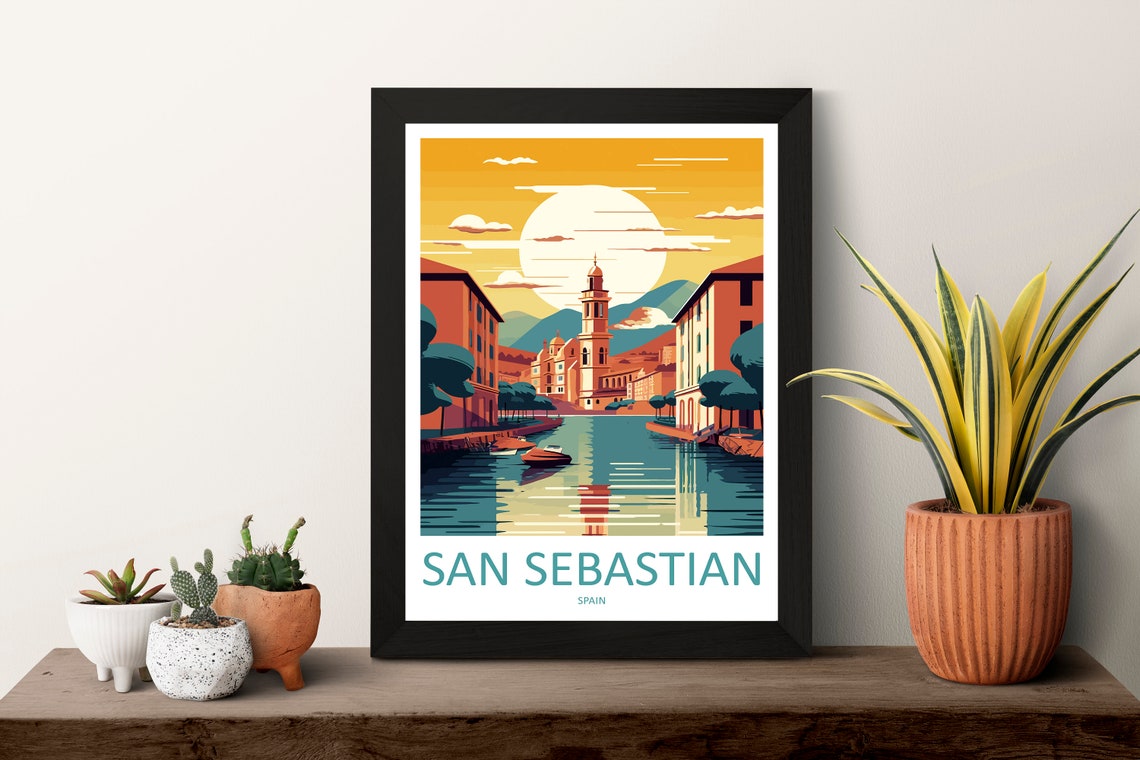 San Sebastian Spain Sunset River Old Town Bell Tower Travel Poster - Image 3