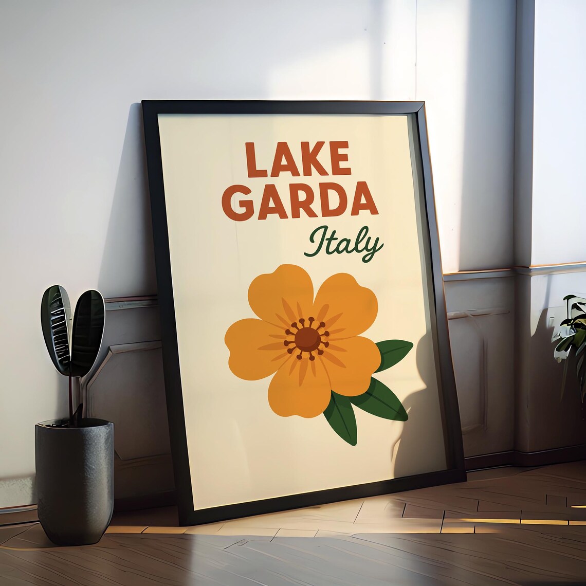 Lake Garda Italy Orange Flower Preppy Lakeside Travel Poster
