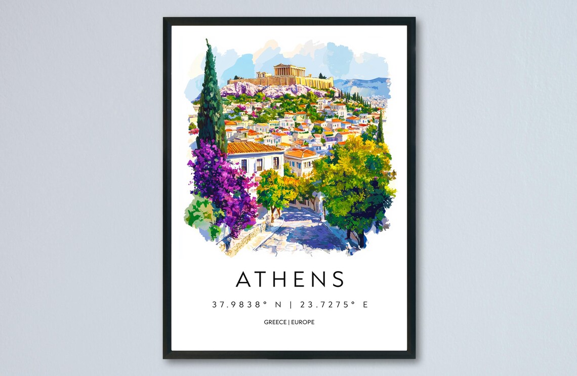 Athens Greece Acropolis and City View Watercolor Travel Poster