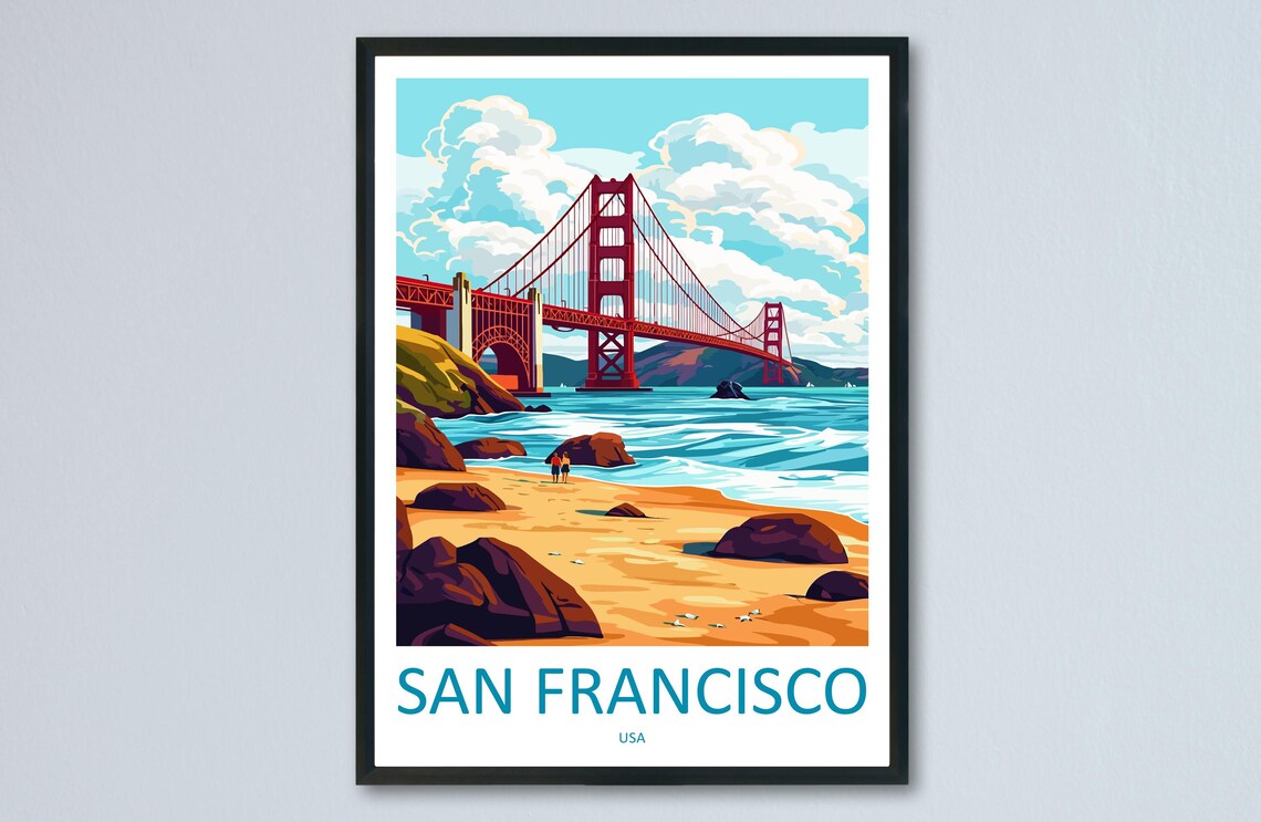 San Francisco Golden Gate Bridge Rocky Beach Ocean USA Travel Poster