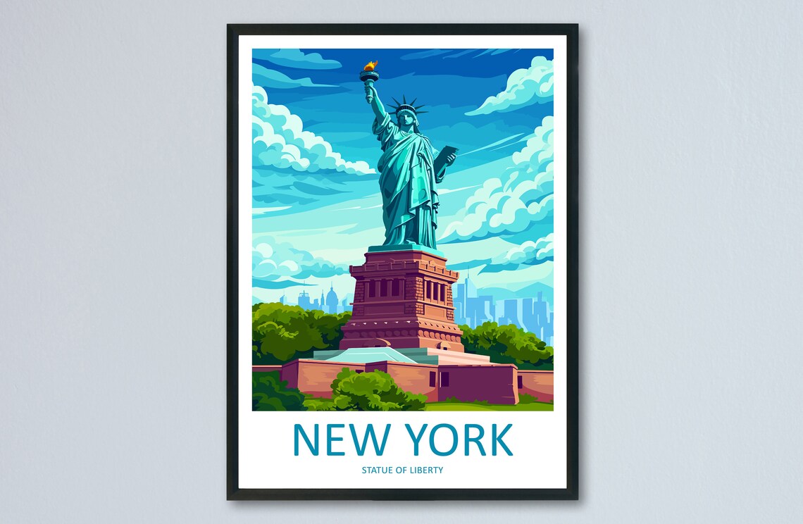 New York Statue of Liberty Harbor Skyline Landmark Travel Poster