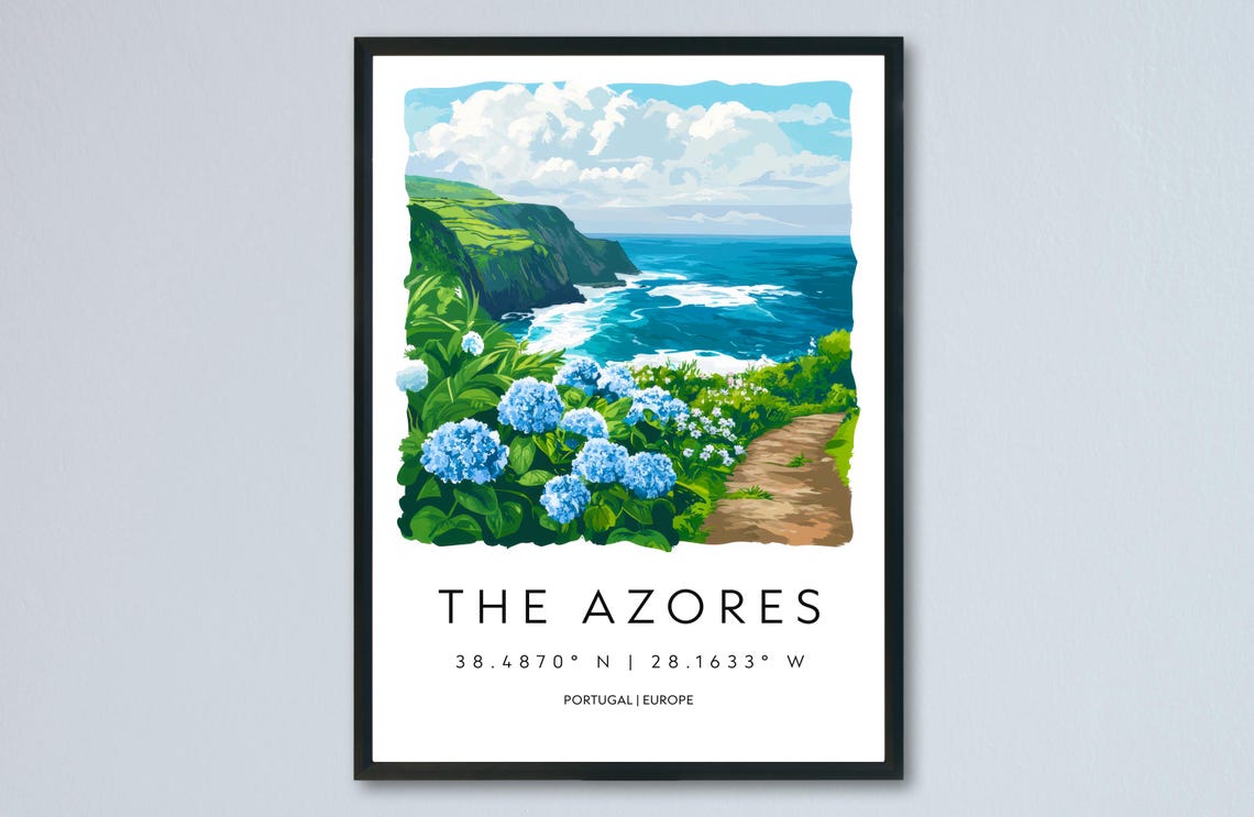 The Azores Hydrangea Coast Watercolor Portugal Island Flowers Poster