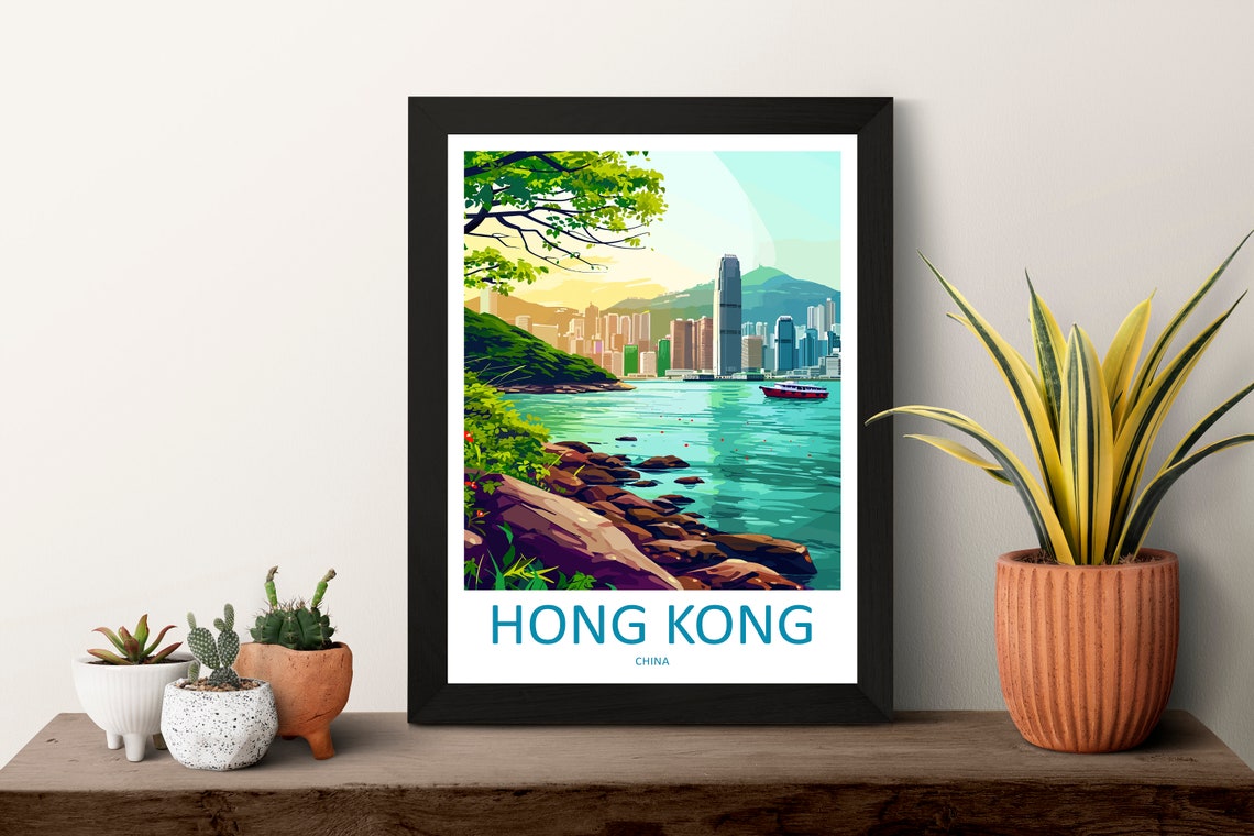 Hong Kong China Harbor Skyline Rocky Shore Morning View Poster - Image 3