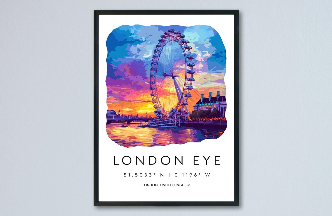 London Eye Sunset Vibrant Purple Sky Over The River Watercolor Poster