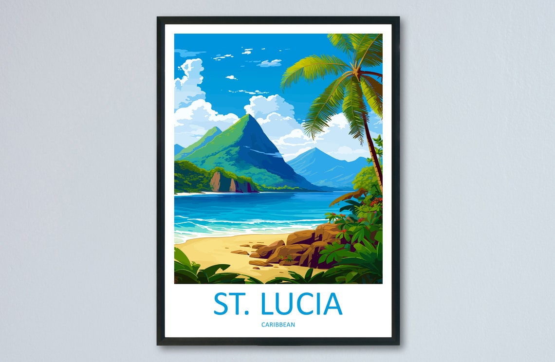 St. Lucia Caribbean Beach Pitons Mountain View Travel Poster