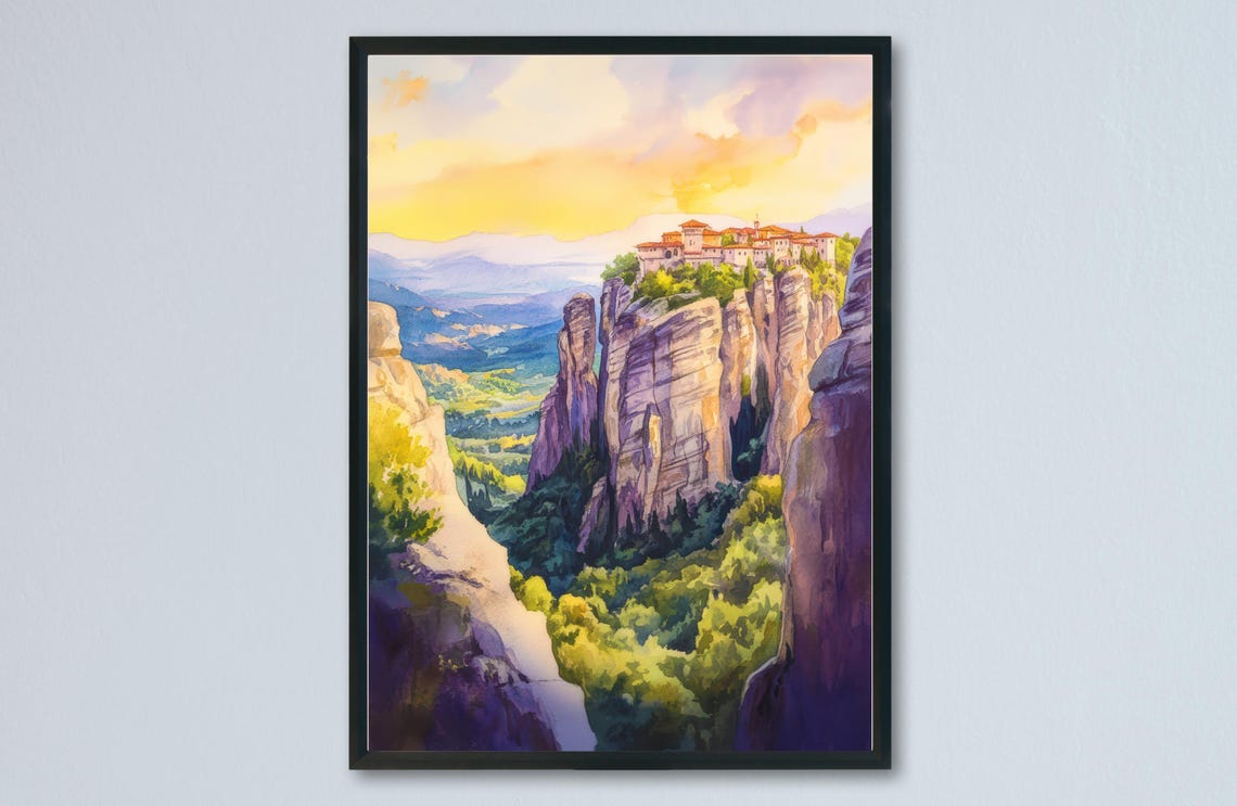 Meteora Greece Monastery Rock Pillars Sunset Watercolor Poster