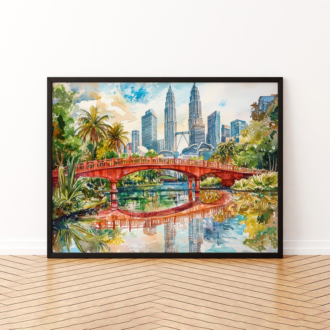 Kuala Lumpur Petronas Twin Towers Red Bridge Watercolor Travel Poster